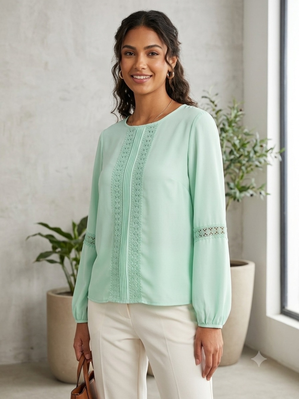 Sharagano Mint Green Lace-Trim Long-Sleeve Women's Top - XL - Picture 2 of 6